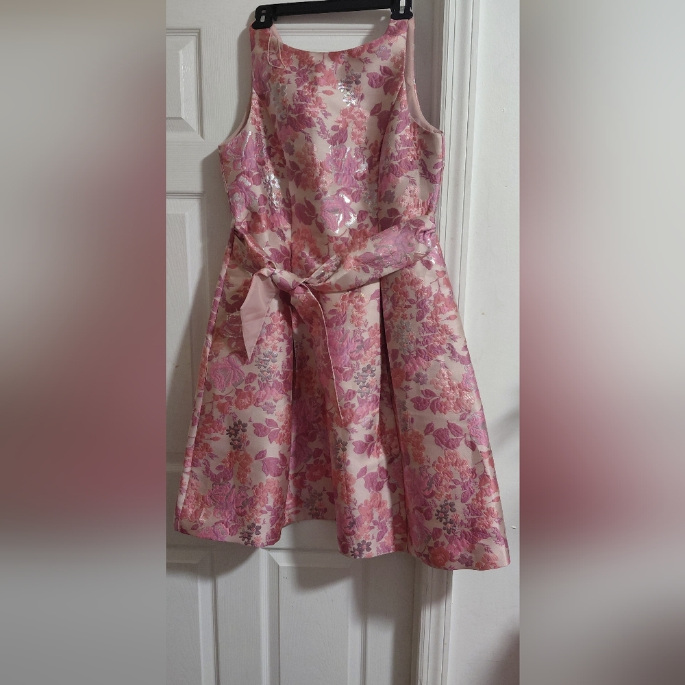 Adrianna Papell Pink Floral Midi Dress with Sash